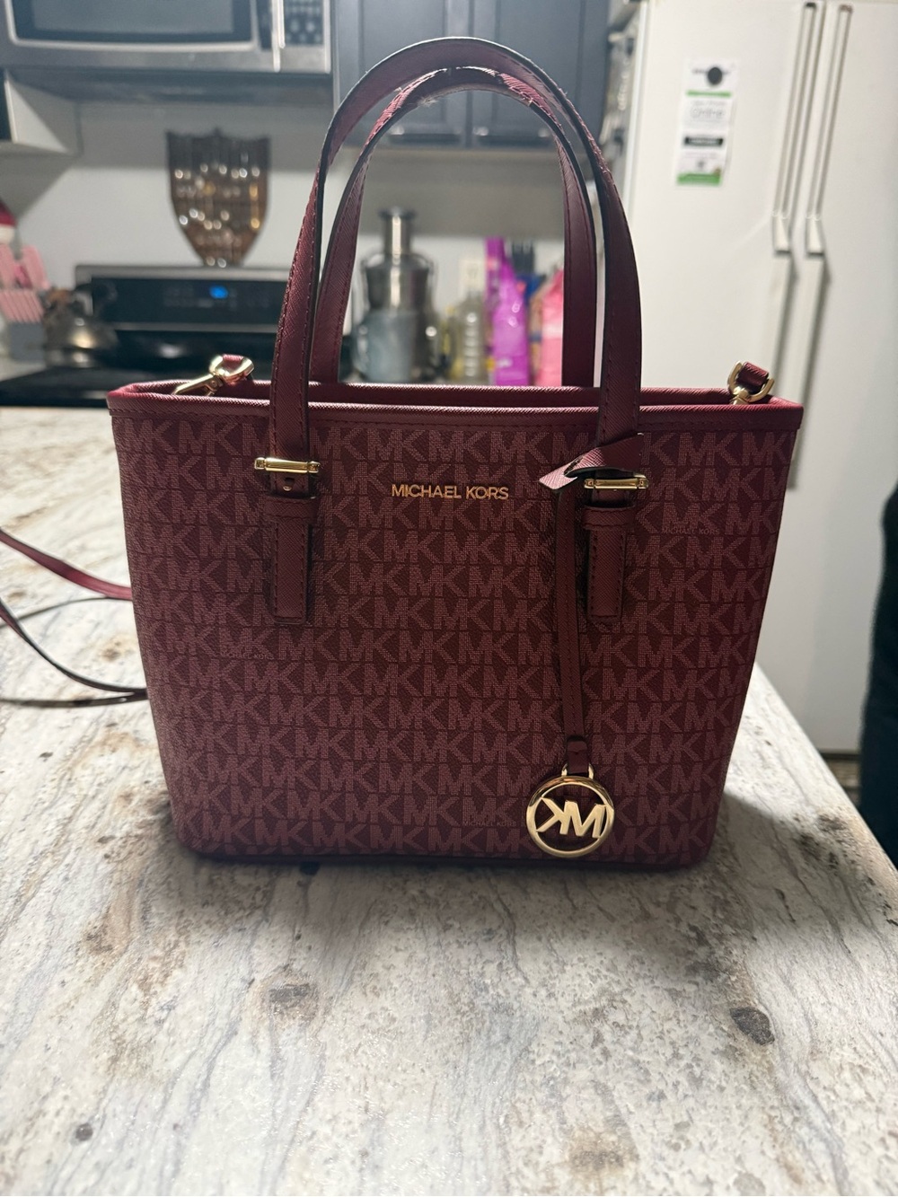 Michael Kors Wine MK Signature Satchel with Gold Hardware